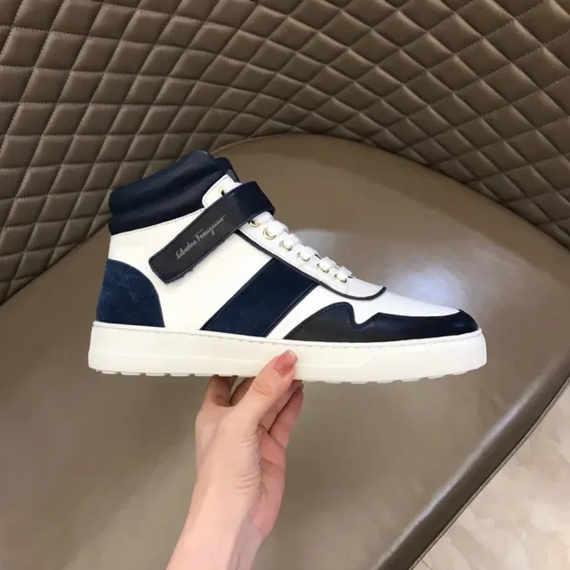 Salvatore Ferragamo White and Navy High-Top Strap Sneakers 6