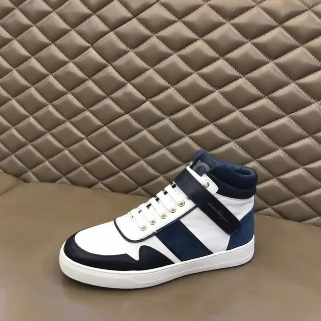Salvatore Ferragamo White and Navy High-Top Strap Sneakers 7