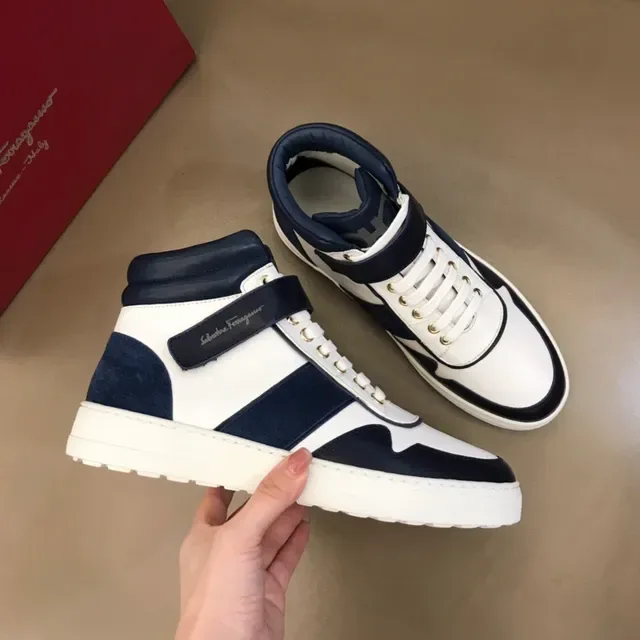 Salvatore Ferragamo White and Navy High-Top Strap Sneakers 8