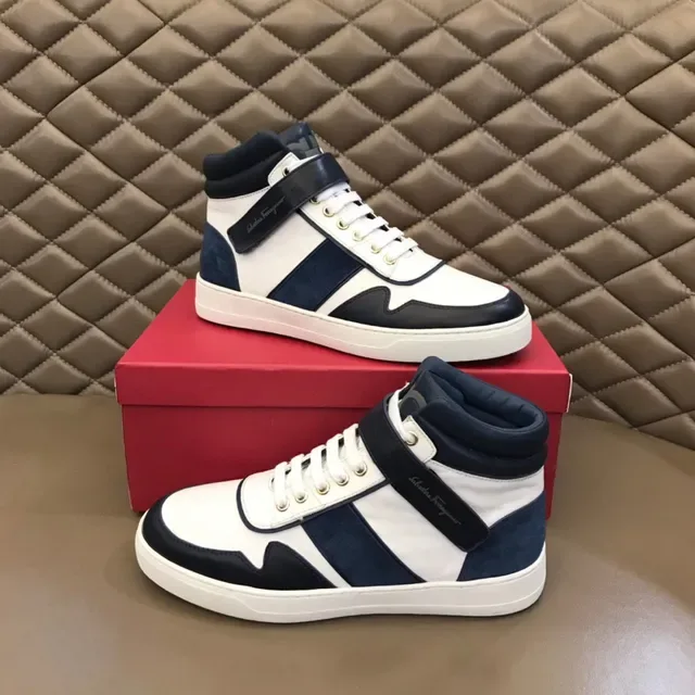 Salvatore Ferragamo White and Navy High-Top Strap Sneakers 9