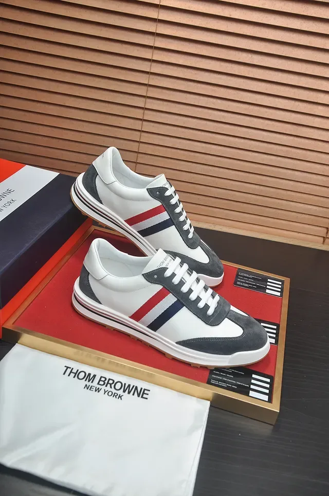 Thom Browne White Gray Low-Top Suede And Leather Panelled Lifestyle Sneakers 4