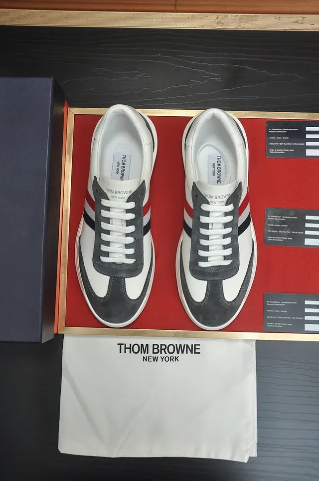 Thom Browne White Gray Low-Top Suede And Leather Panelled Lifestyle Sneakers 5
