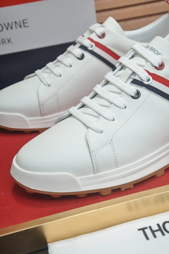 Thom Browne White Red Leather Upper Triple-Bar Stripe Detail Lifestyle Sneakers 2