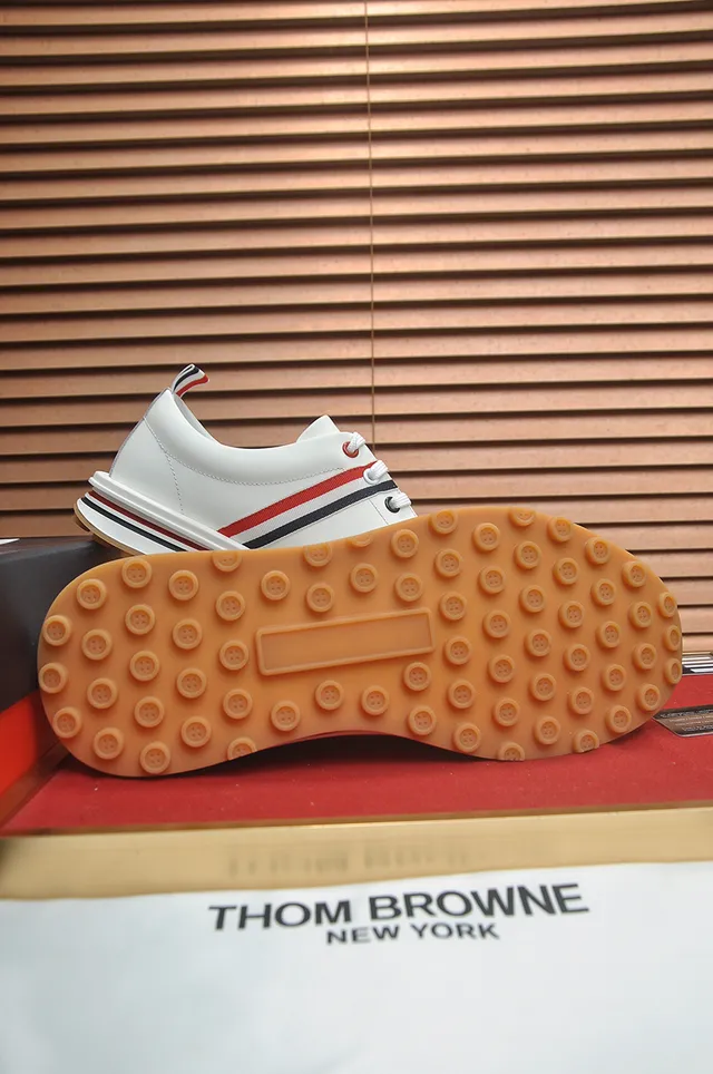 Thom Browne White Red Leather Upper Triple-Bar Stripe Detail Lifestyle Sneakers 3