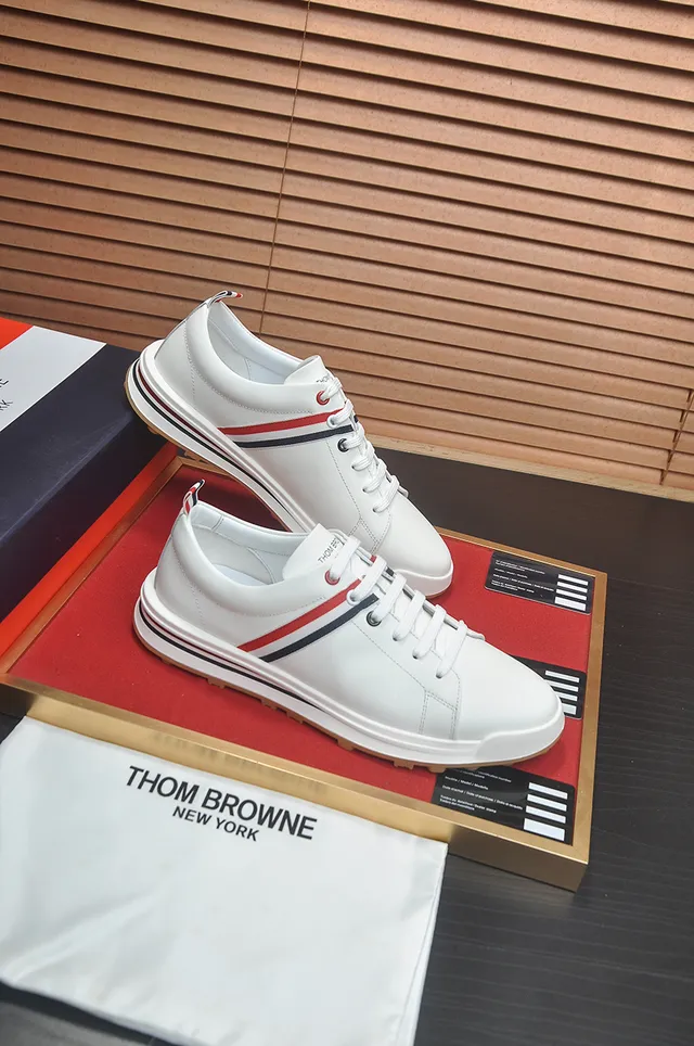 Thom Browne White Red Leather Upper Triple-Bar Stripe Detail Lifestyle Sneakers 4