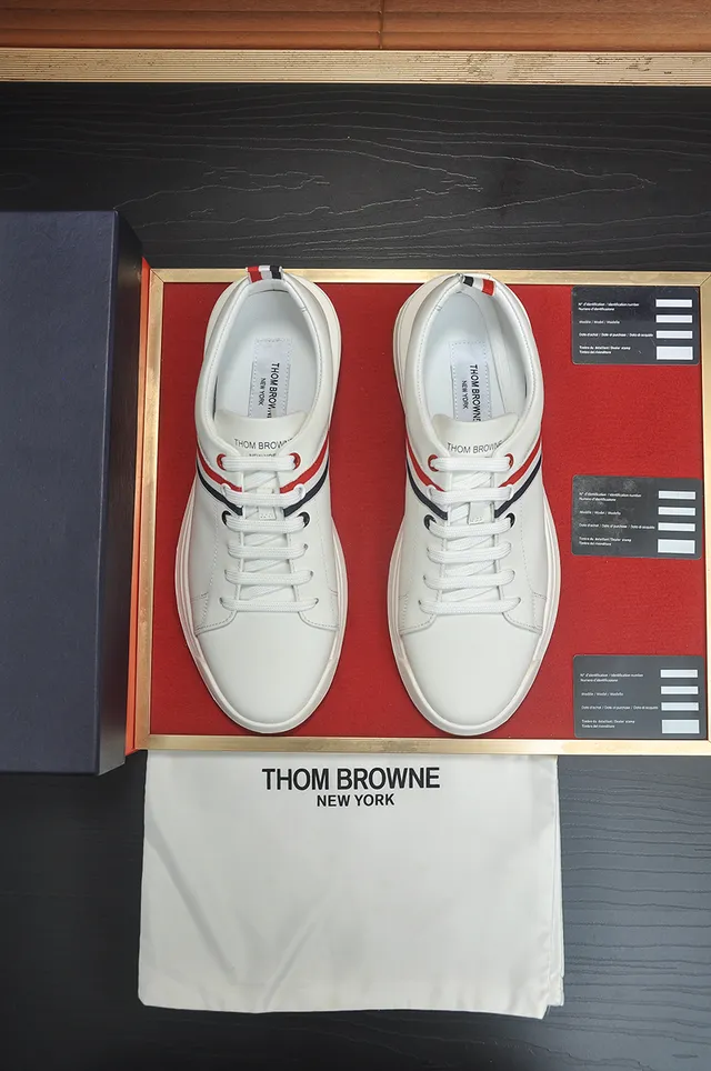 Thom Browne White Red Leather Upper Triple-Bar Stripe Detail Lifestyle Sneakers 5