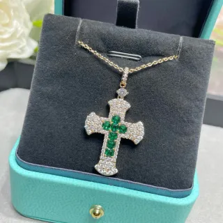 Tiffany & Co. Blue Green Cross-Shaped Pendant Pave-Set White Stones Necklace