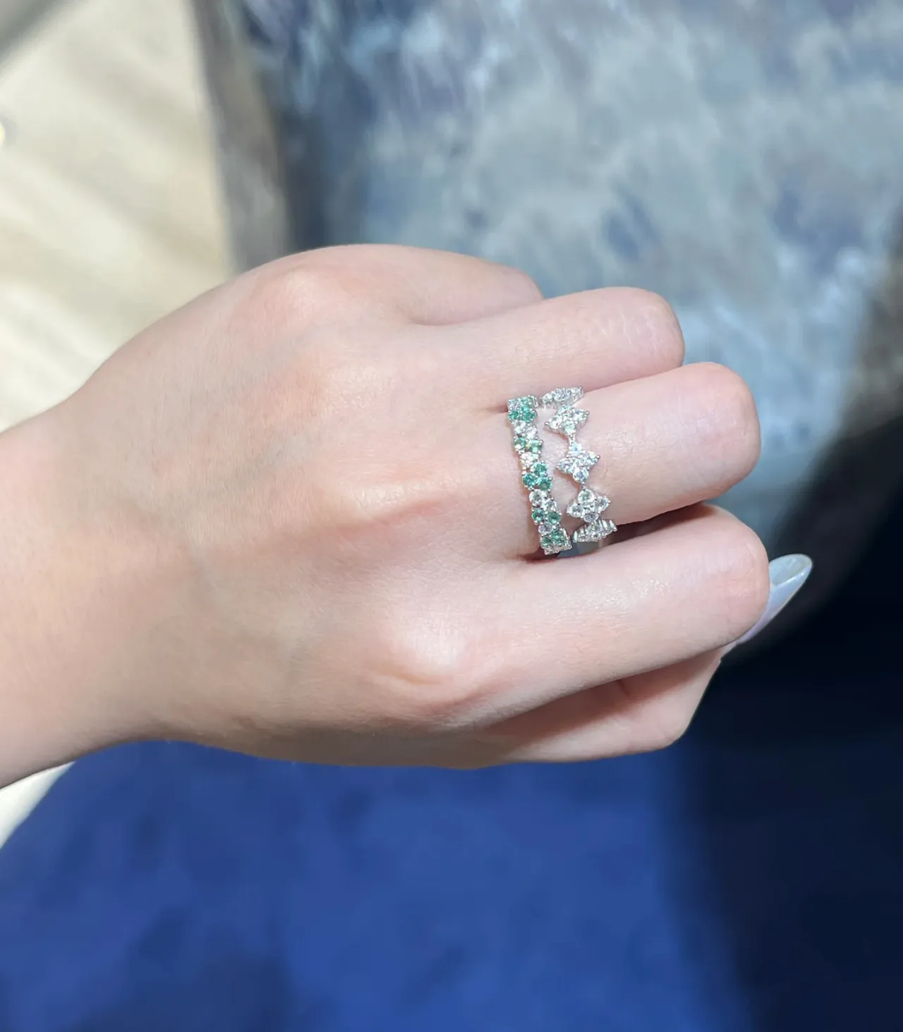 Tiffany & Co. Eternity Alternating Green and White Stone Ring 2