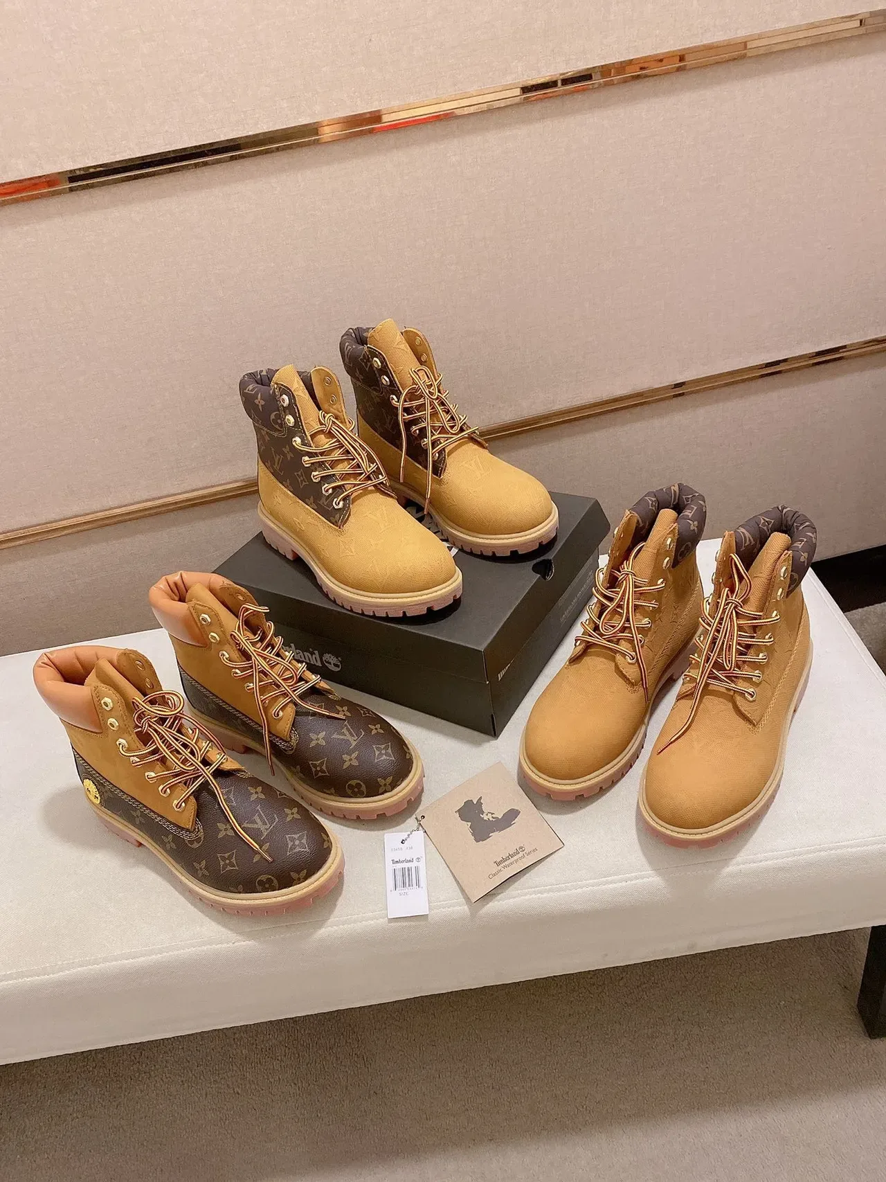 Timberland Beige Pink Monogrammed Textile Upper Padded Collar Work Boots 2