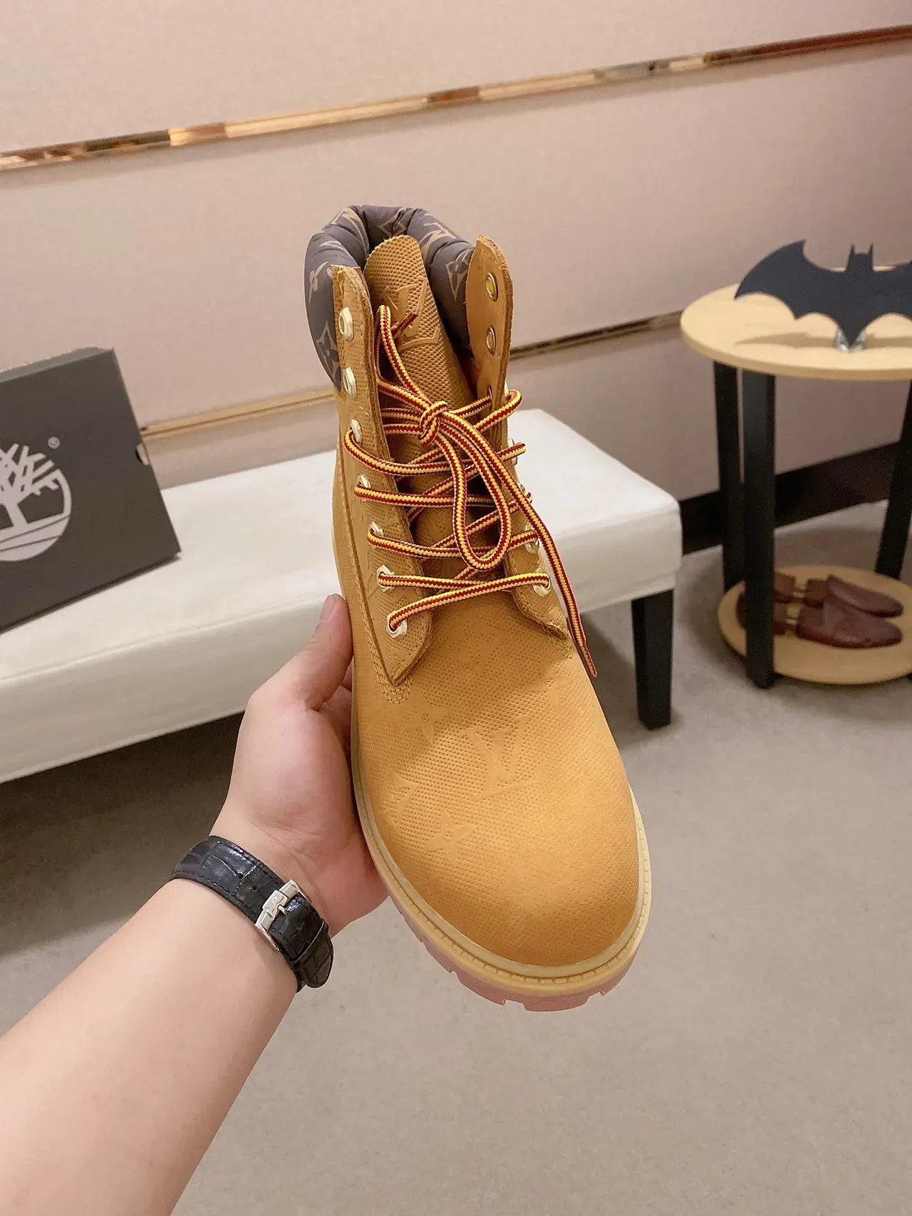 Timberland Beige Pink Monogrammed Textile Upper Padded Collar Work Boots 6