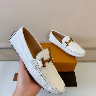 Tod's Gommino Loafer White Pebbled Leather H-Bar Loafers