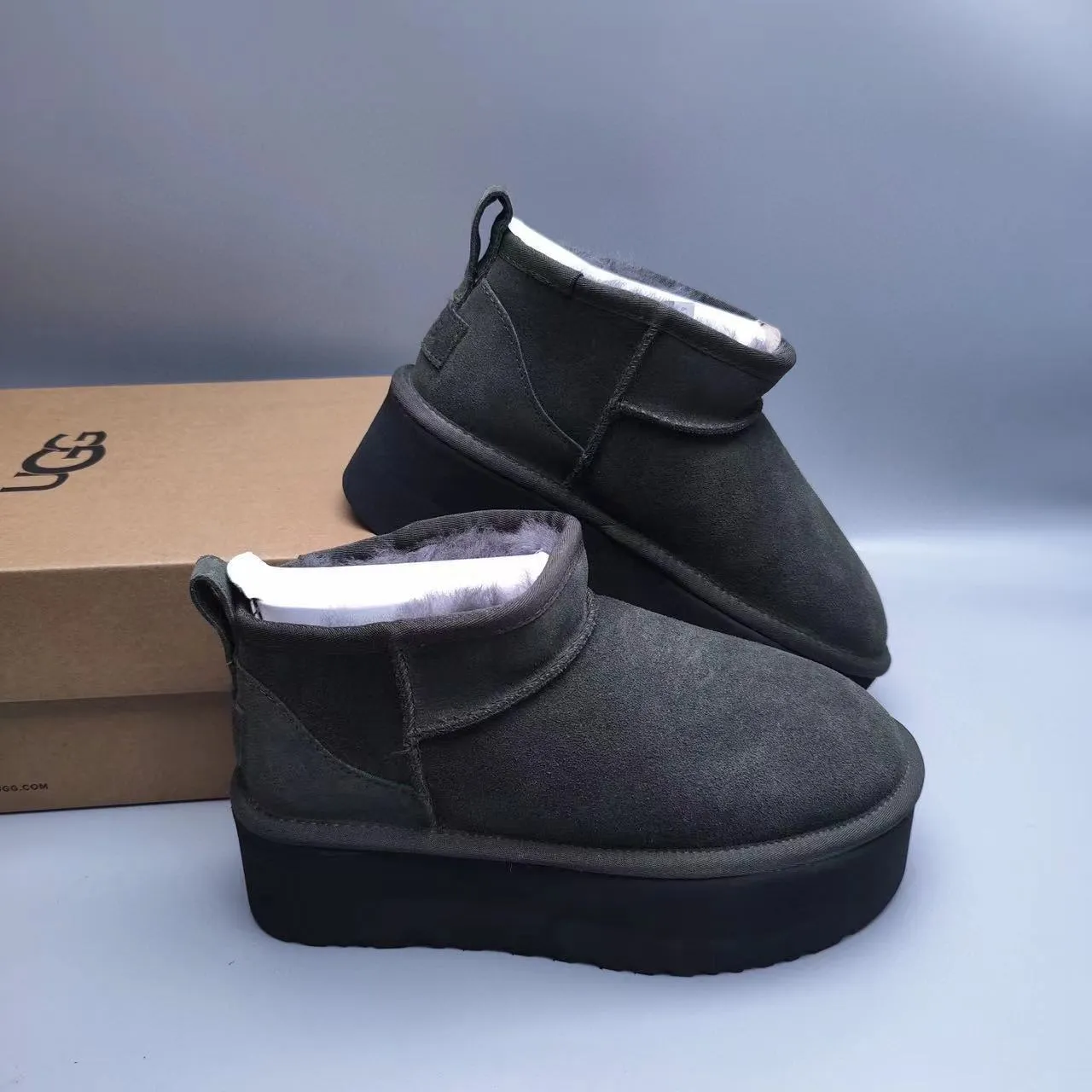 UGG Army Green Black Suede Upper Shearling-Lined Snow Boots 4