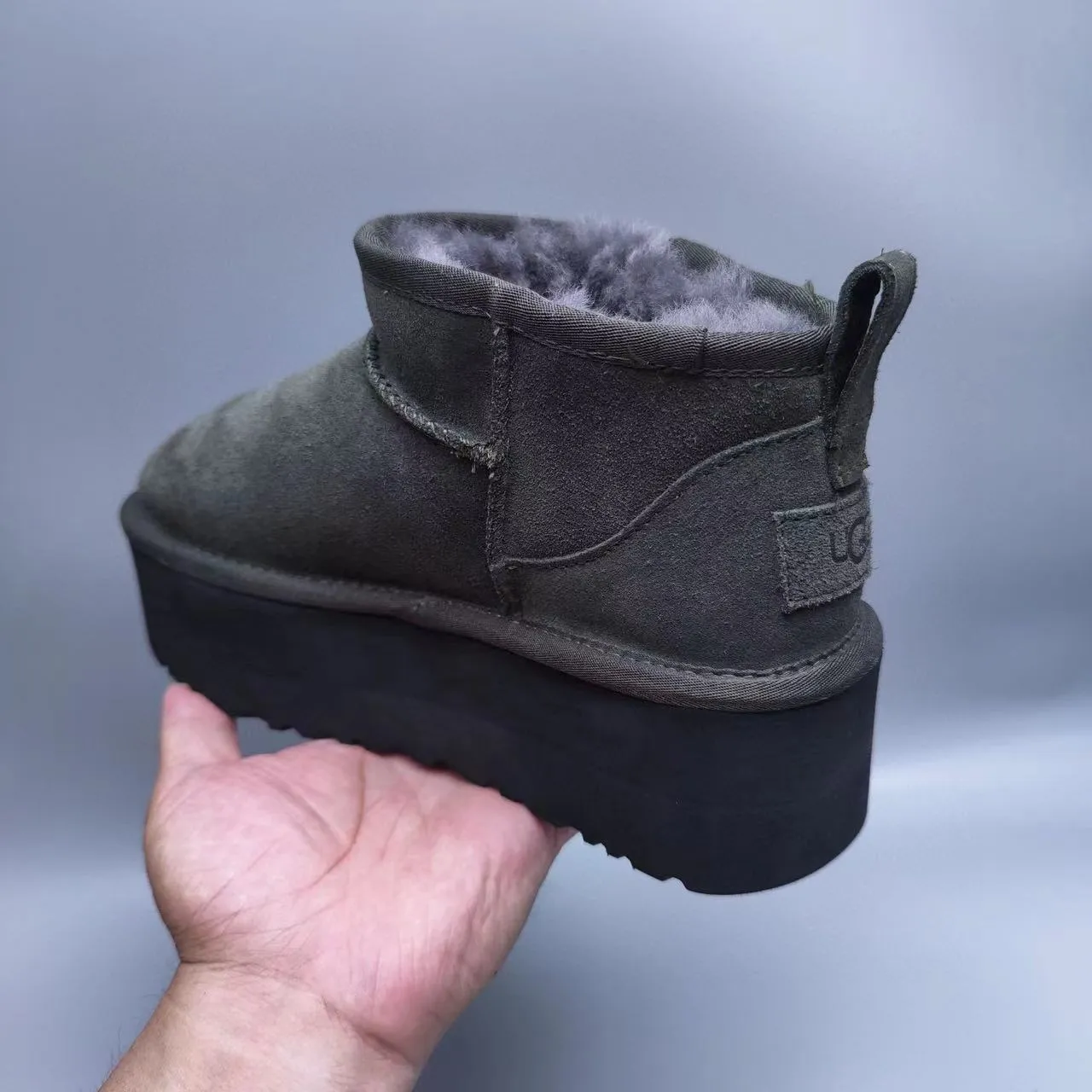 UGG Army Green Black Suede Upper Shearling-Lined Snow Boots 6