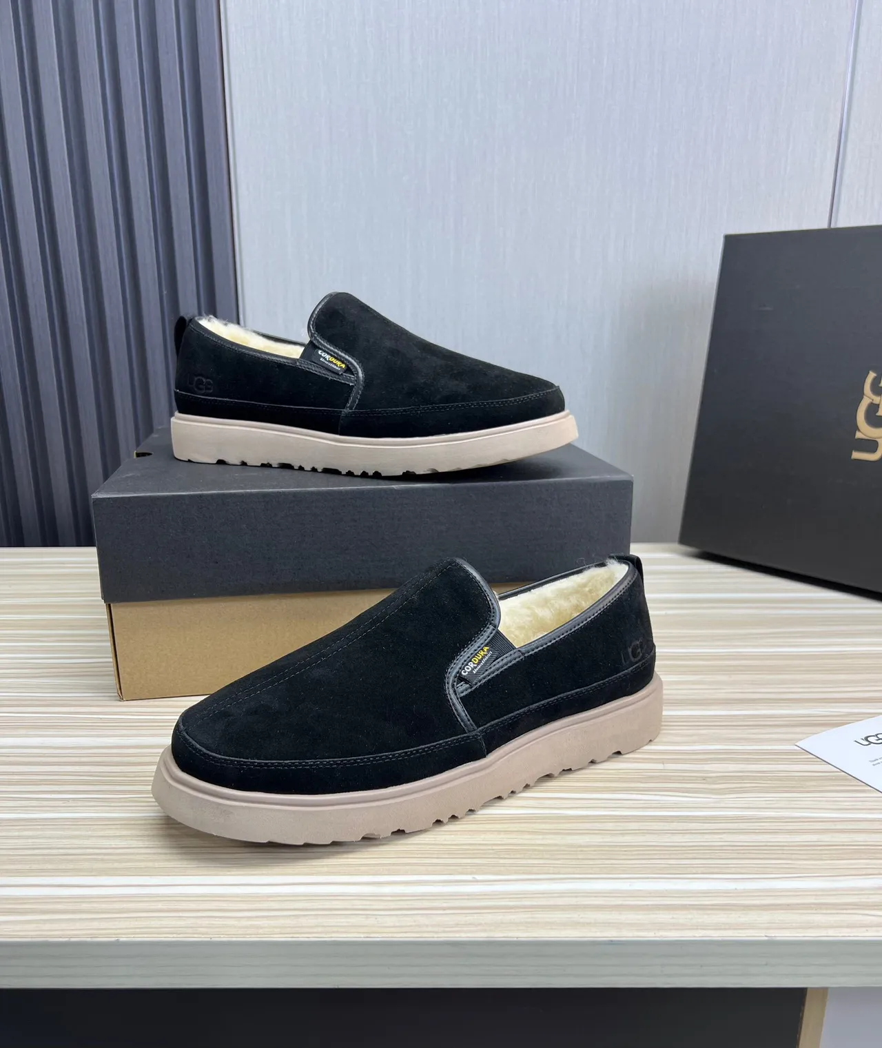 UGG Black Beige Suede Upper Shearling-Lined Loafer 6