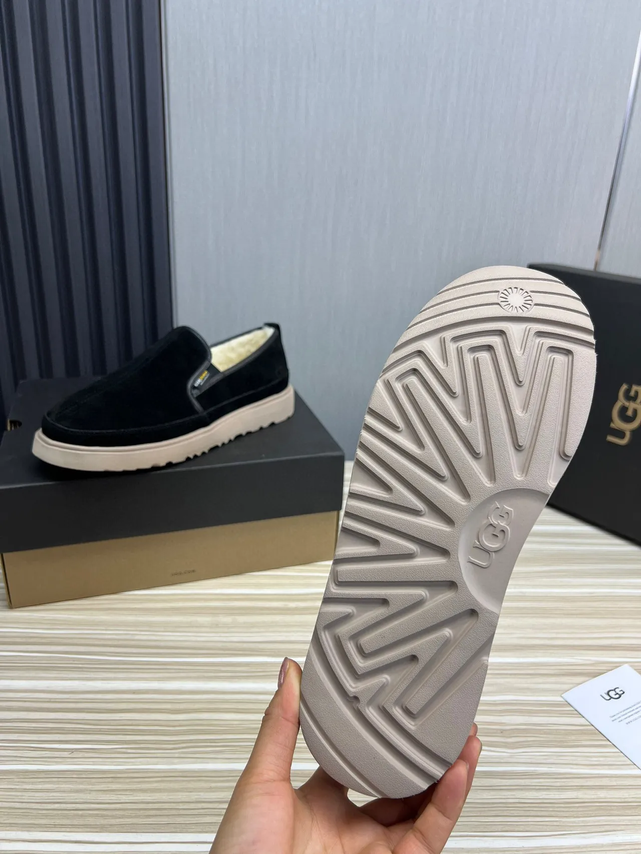 UGG Black Beige Suede Upper Shearling-Lined Loafer 7
