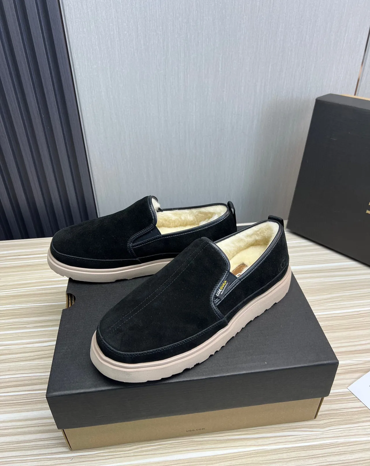 UGG Black Beige Suede Upper Shearling-Lined Loafer 9