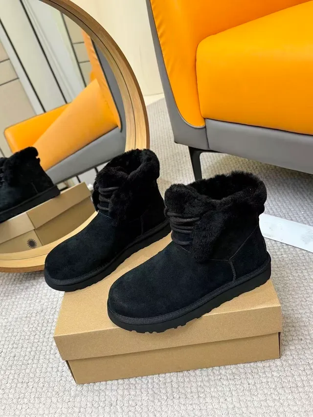 UGG Black Suede Upper Shearling Collar Snow Boots 2