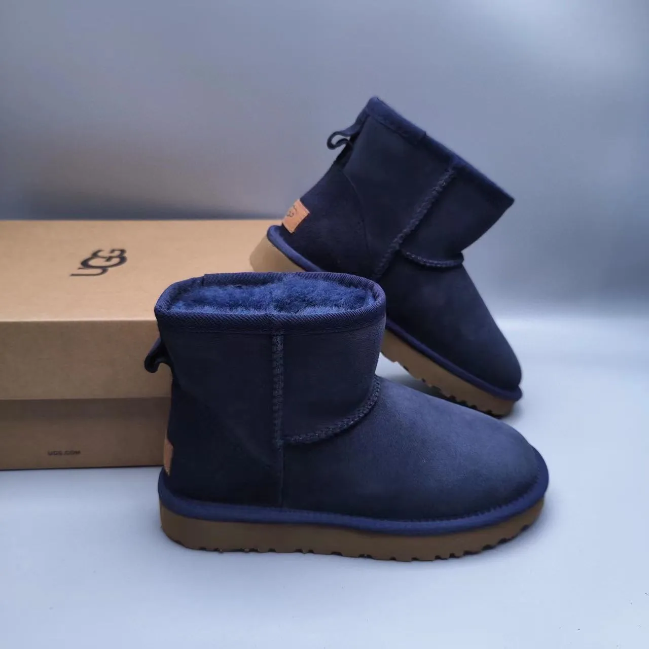 UGG Navy Brown Suede Upper Shearling-Lined Cuff Snow Boots 2