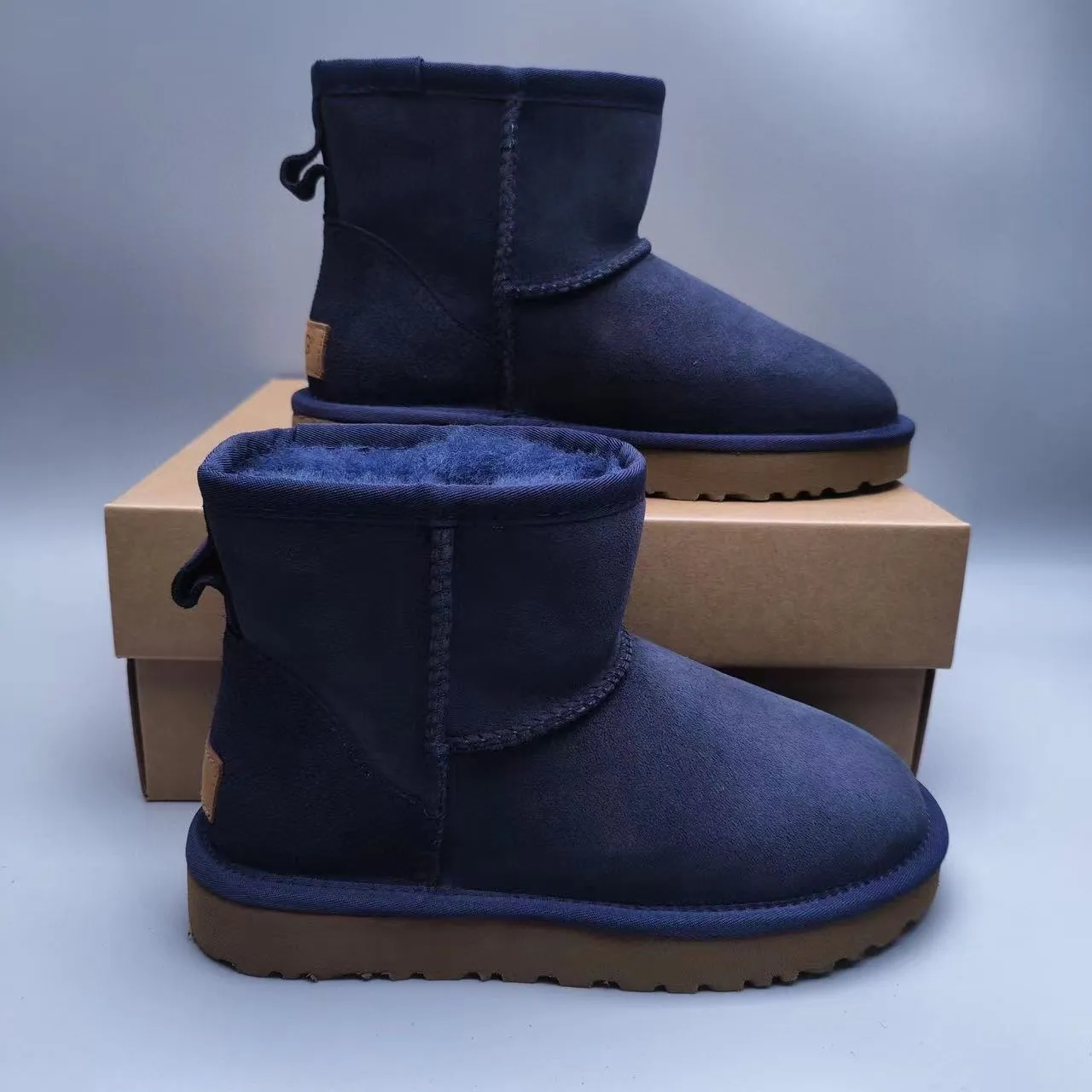 UGG Navy Brown Suede Upper Shearling-Lined Cuff Snow Boots 7