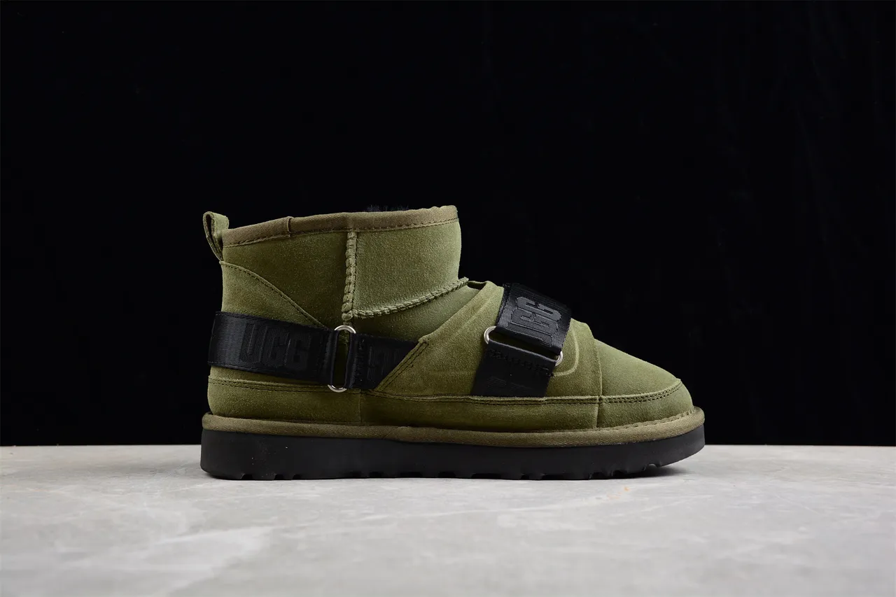 UGG Snow Boot Army Green Black Olive Suede Dual Webbing Straps Snow Boots 9