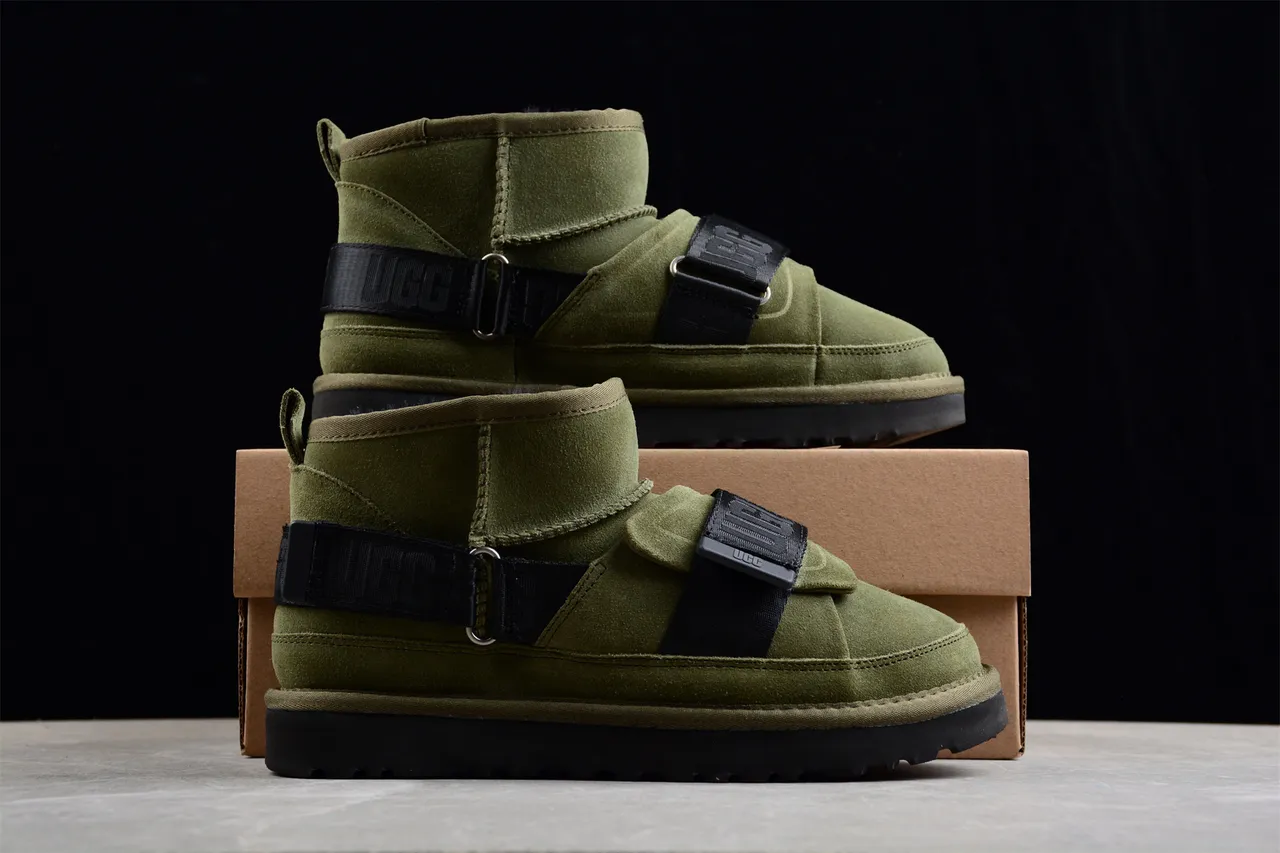 UGG Snow Boot Army Green Black Olive Suede Dual Webbing Straps Snow Boots 13