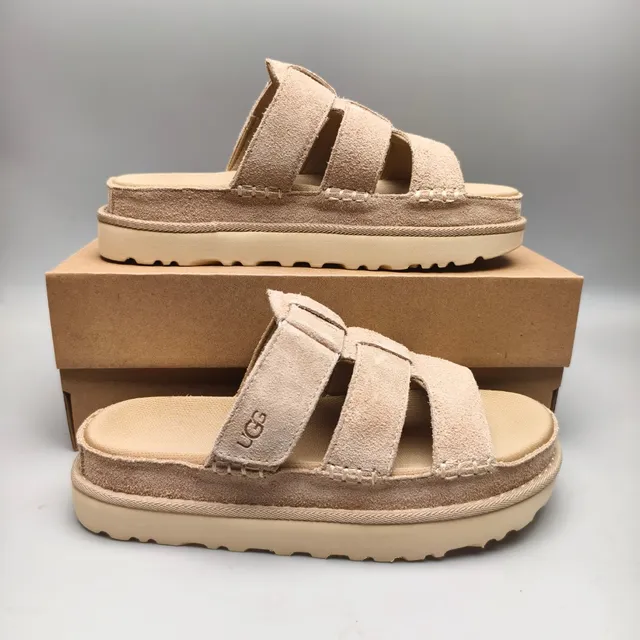 UGG Tasman Beige Suede Double-Strap Platform Casual Sandals 5