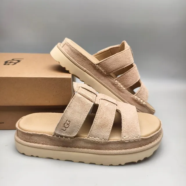 UGG Tasman Beige Suede Double-Strap Platform Casual Sandals 6