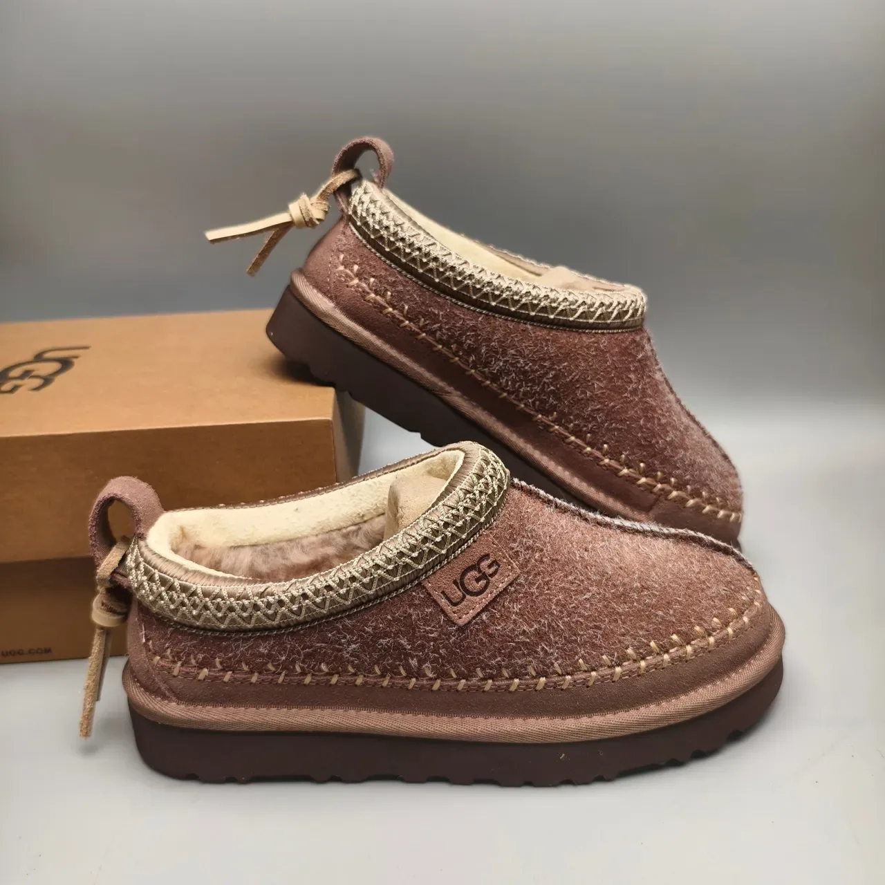 UGG Tasman Brown Beige Moccasin-Stitched Shearling-Lined Casual Shoes 6