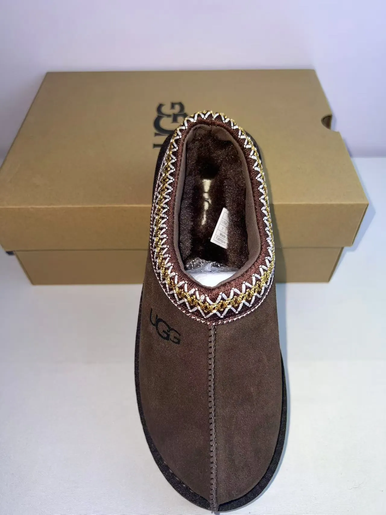 UGG Tasman Marrom Dourado Upper de Camurça Borda Bordada Sapatos Casuais 3
