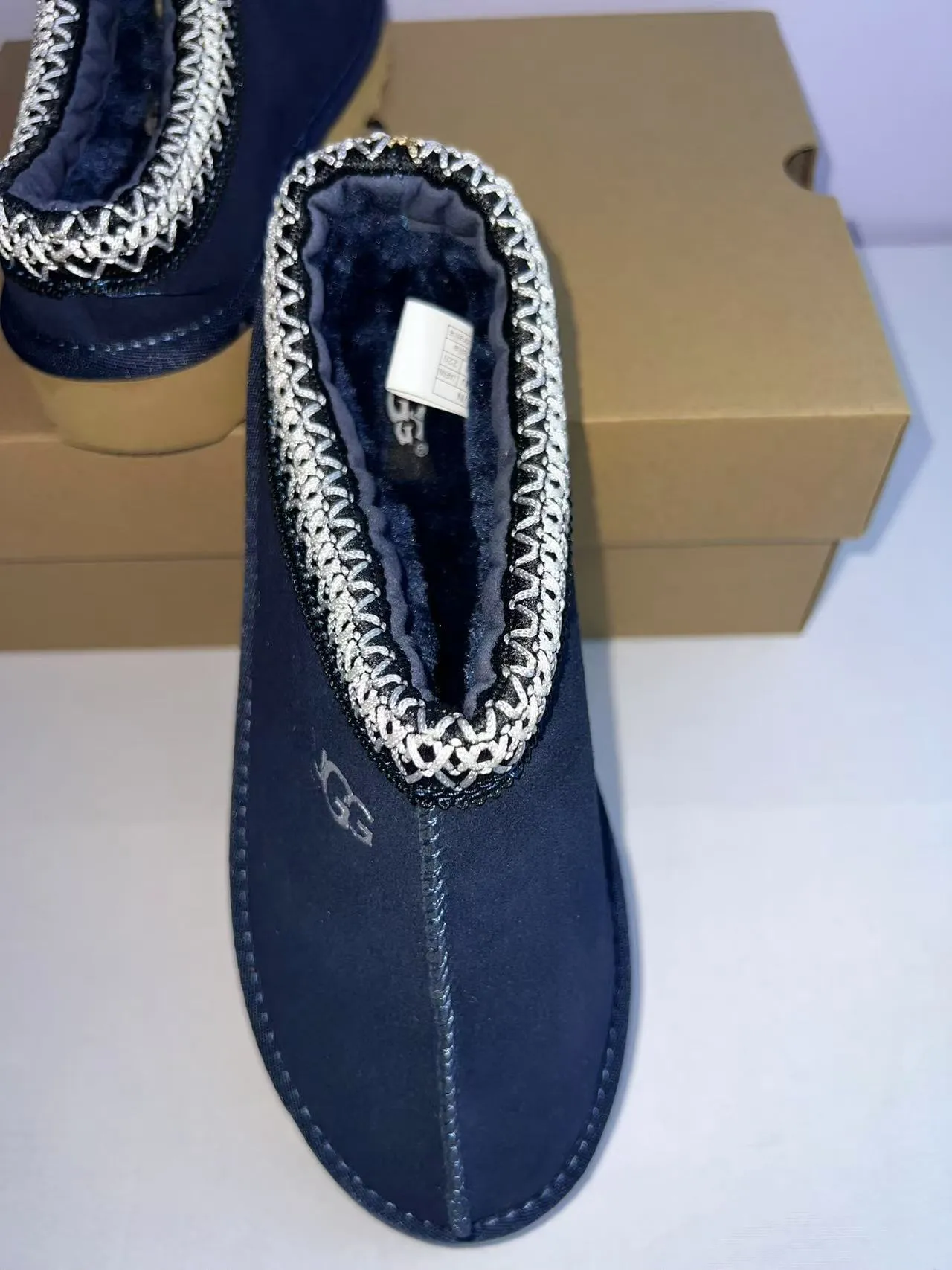 UGG Tasman Navy Beige Suede Upper Braided White-and-Black Trim Slippers 4