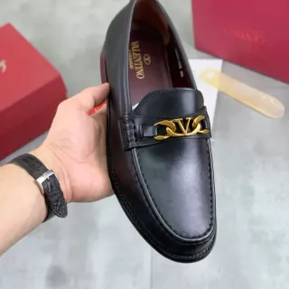 Valentino Black Gold Polished Leather VLogo Chain Buckle Loafer
