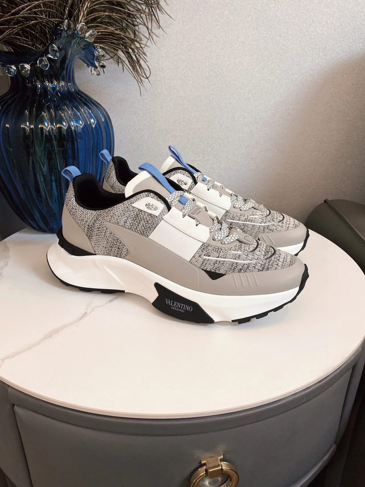 Valentino Gray White Knit Upper Sculpted Midsole Chunky Sneakers 2
