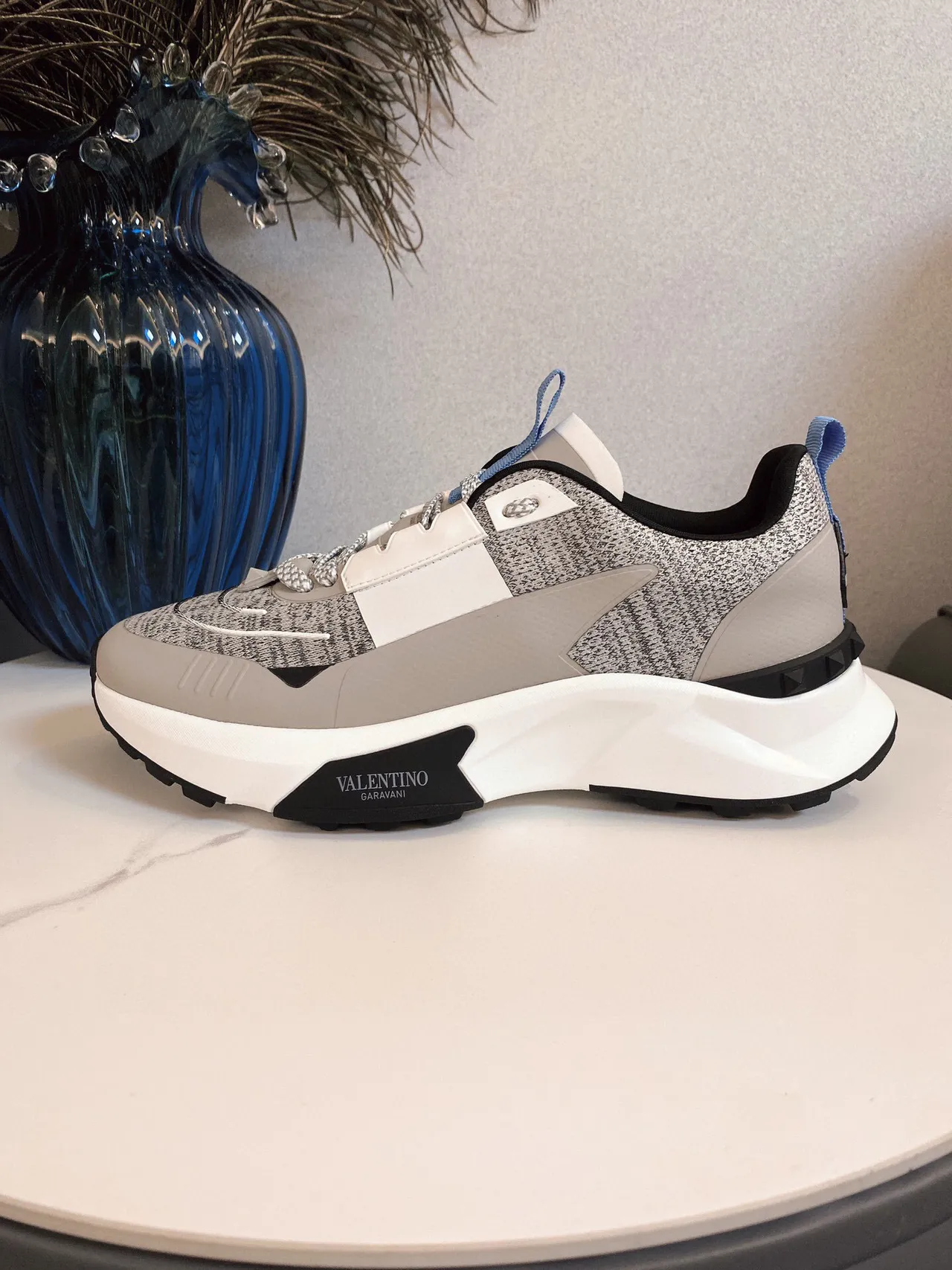 Valentino Gray White Knit Upper Sculpted Midsole Chunky Sneakers 5
