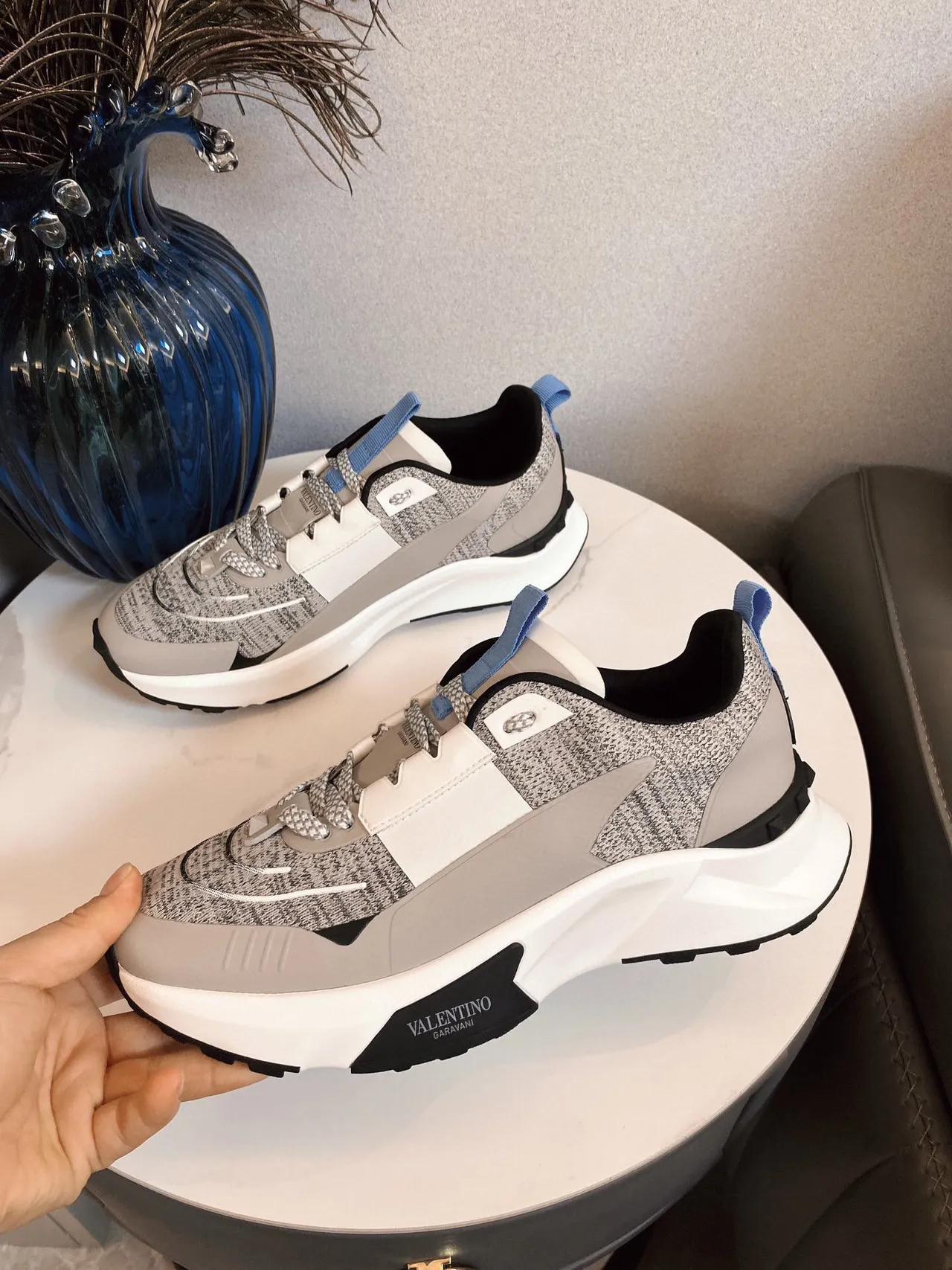 Valentino Gray White Knit Upper Sculpted Midsole Chunky Sneakers 6