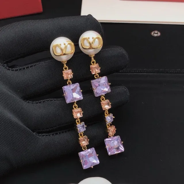 Valentino Boucles d'Oreilles Stud Perle Violet Or VLogo Monogram 7