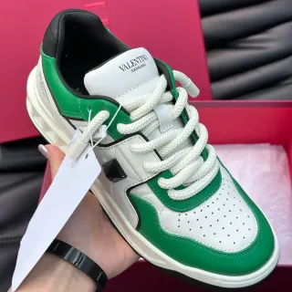 Valentino Rockstud White Green Color-Blocked Leather Perforated Toe Chunky Sneakers
