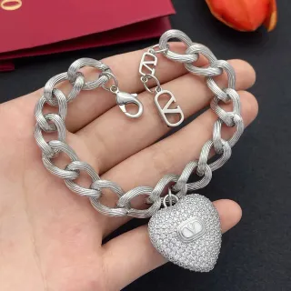 Valentino Silver White Twisted-Link Chain Pavé-Set Heart Pendant Bracelet