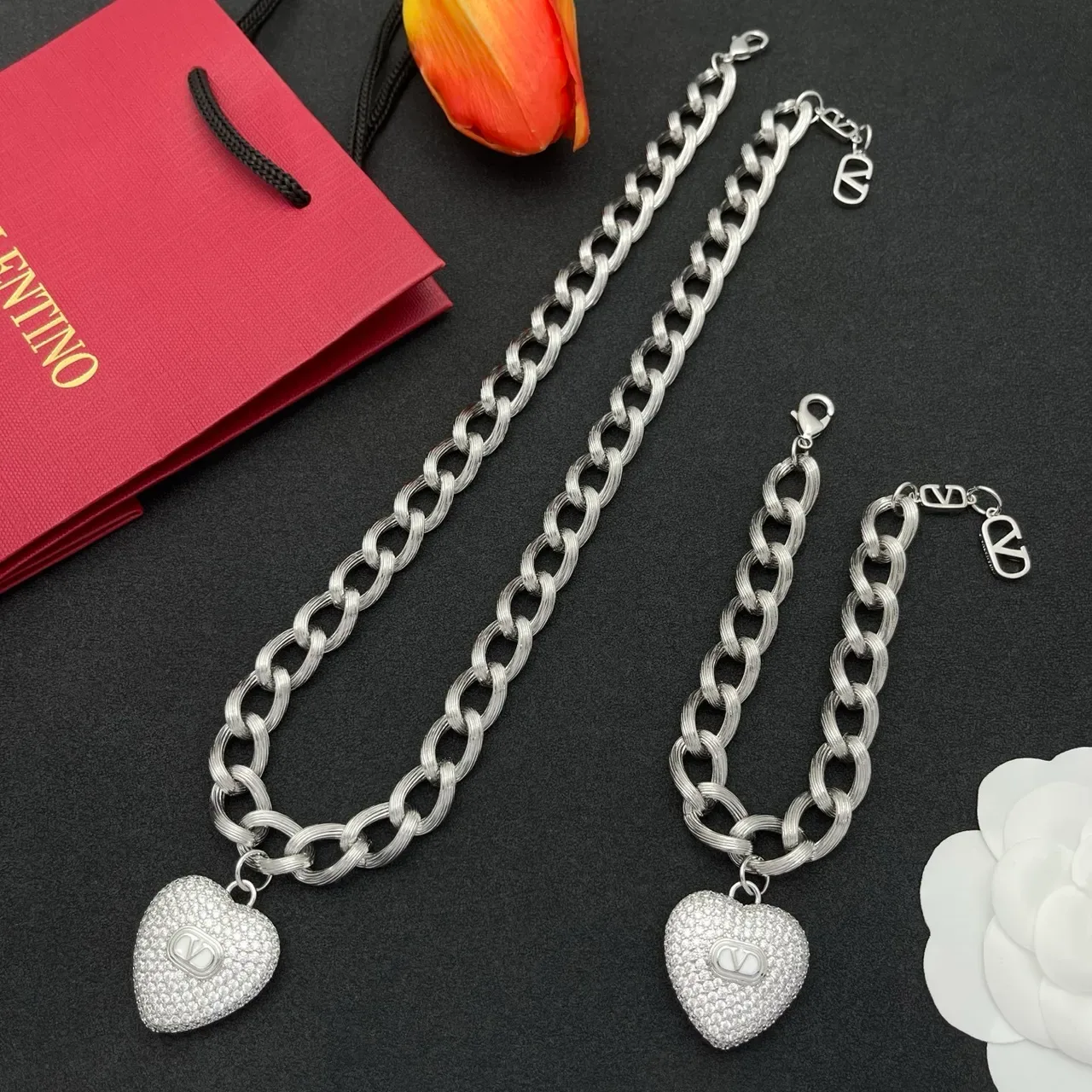 Valentino Chaîne à Maillons Tordus Argent Blanc Pavé-Set Pendentif Cœur Bracelet 2