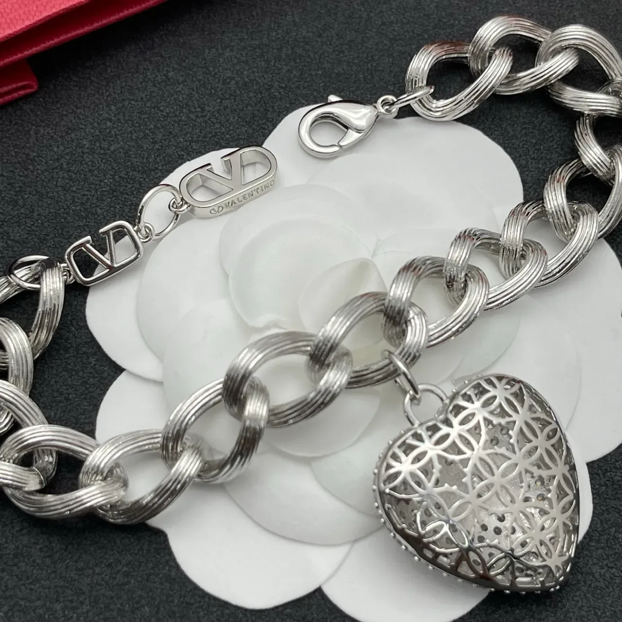 Valentino Chaîne à Maillons Tordus Argent Blanc Pavé-Set Pendentif Cœur Bracelet 3