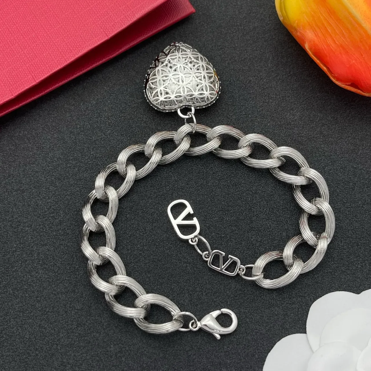 Valentino Chaîne à Maillons Tordus Argent Blanc Pavé-Set Pendentif Cœur Bracelet 4