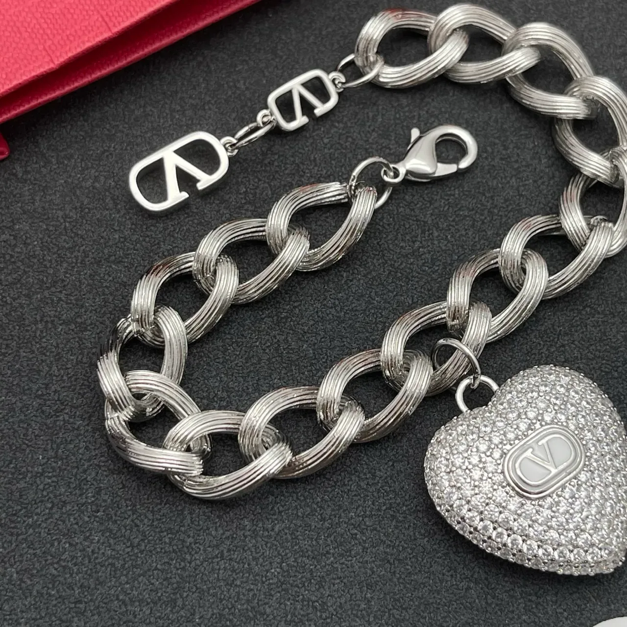 Valentino Chaîne à Maillons Tordus Argent Blanc Pavé-Set Pendentif Cœur Bracelet 5