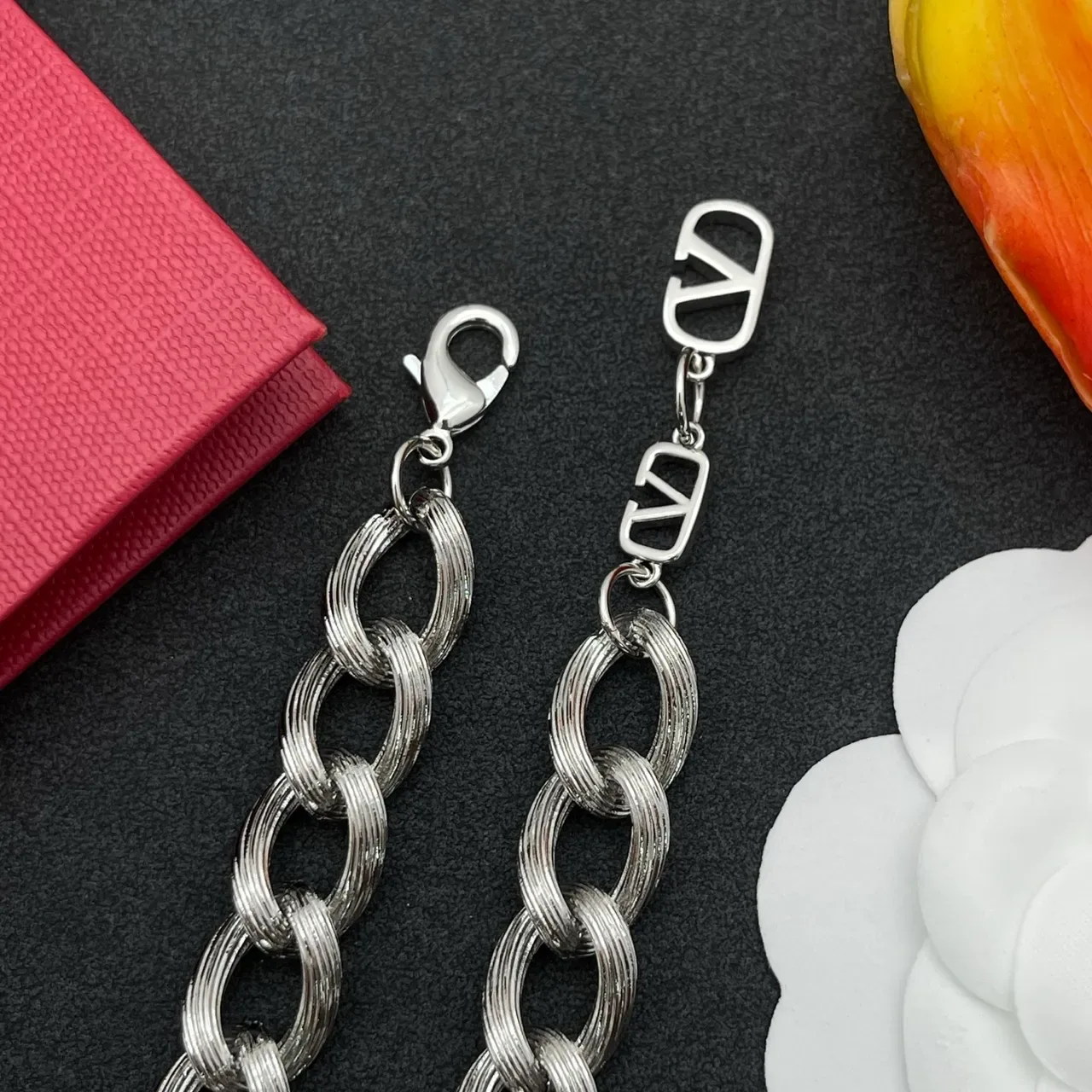 Valentino Chaîne à Maillons Tordus Argent Blanc Pavé-Set Pendentif Cœur Bracelet 6