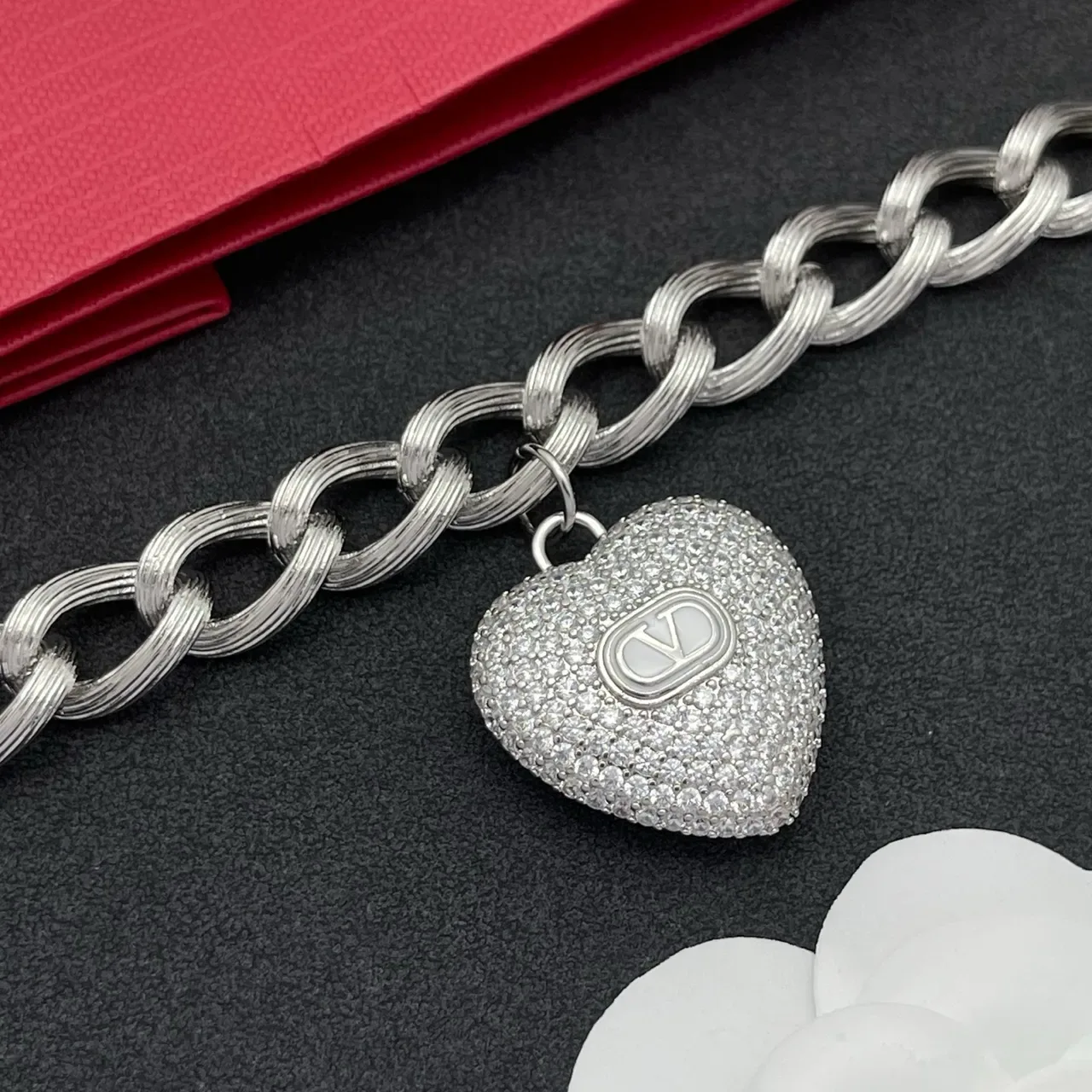 Valentino Chaîne à Maillons Tordus Argent Blanc Pavé-Set Pendentif Cœur Bracelet 7