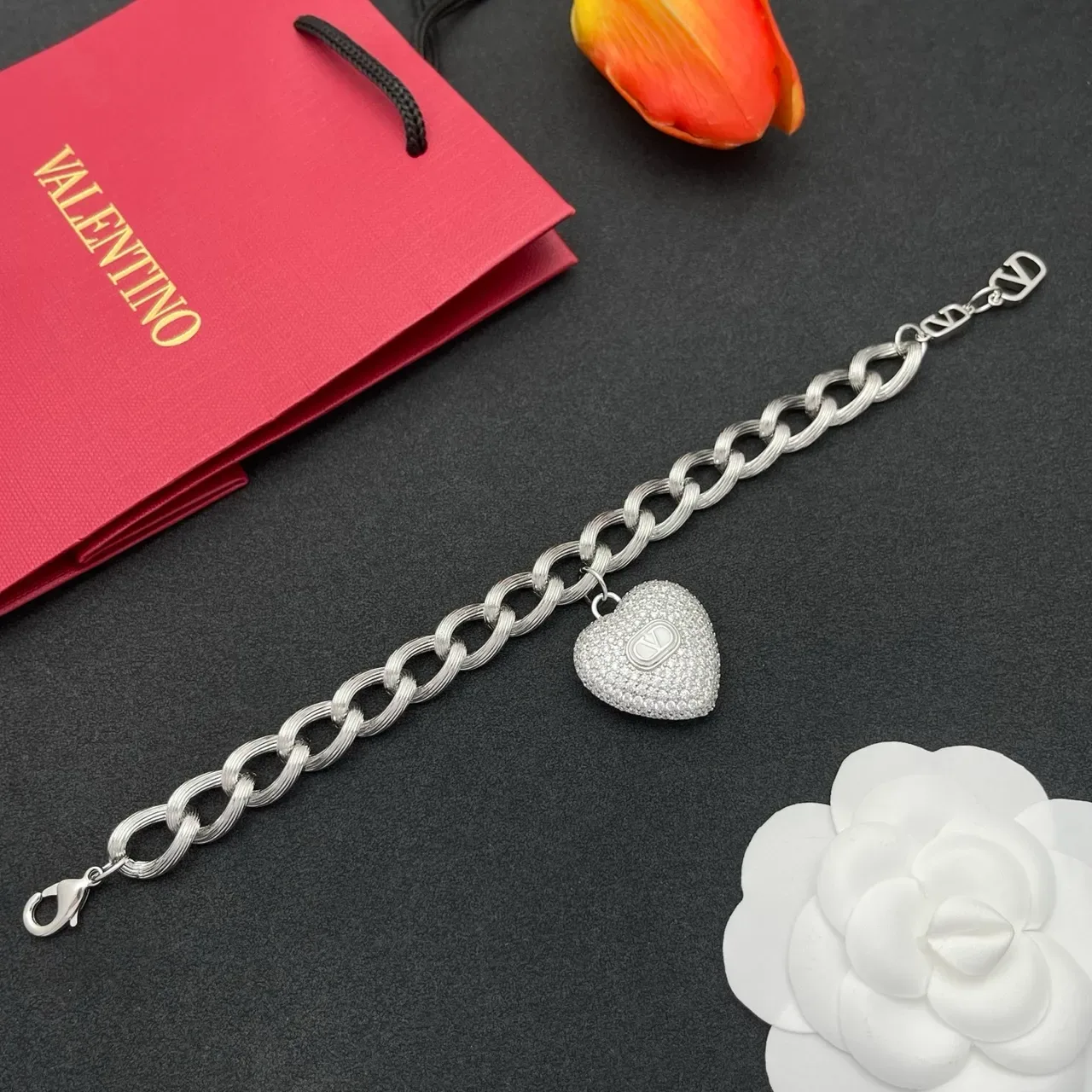 Valentino Chaîne à Maillons Tordus Argent Blanc Pavé-Set Pendentif Cœur Bracelet 8
