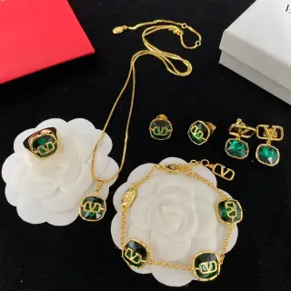 Valentino VLogo Green Gold Metal Faceted Stones Necklace
