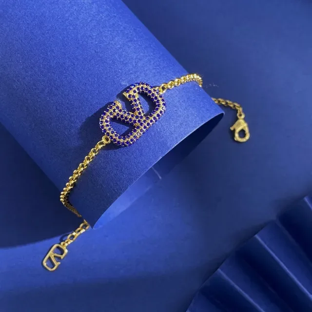 Valentino VLOGO Pavé Bracelet Chaîne Pierre Bleue Or 2