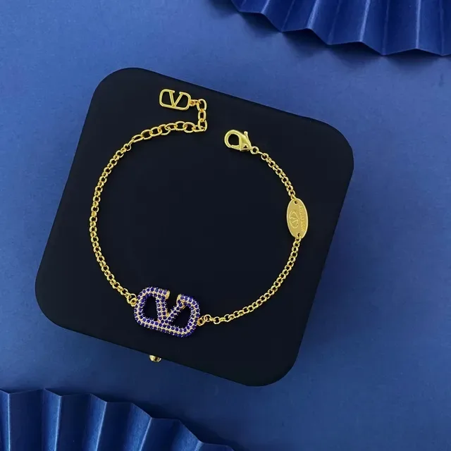 Valentino VLOGO Pavé Bracelet Chaîne Pierre Bleue Or 3