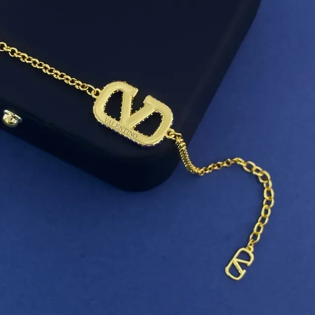 Valentino VLOGO Pavé Bracelet Chaîne Pierre Bleue Or 4