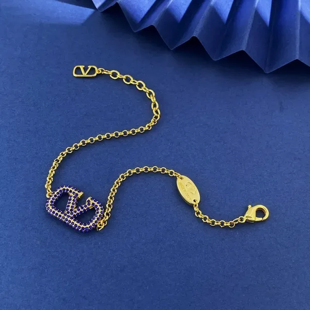 Valentino VLOGO Pavé Bracelet Chaîne Pierre Bleue Or 5