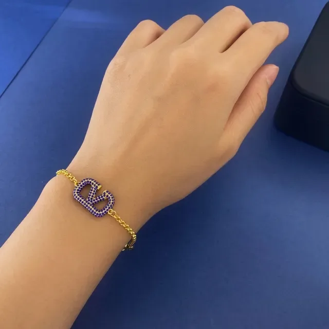Valentino VLOGO Pavé Bracelet Chaîne Pierre Bleue Or 6